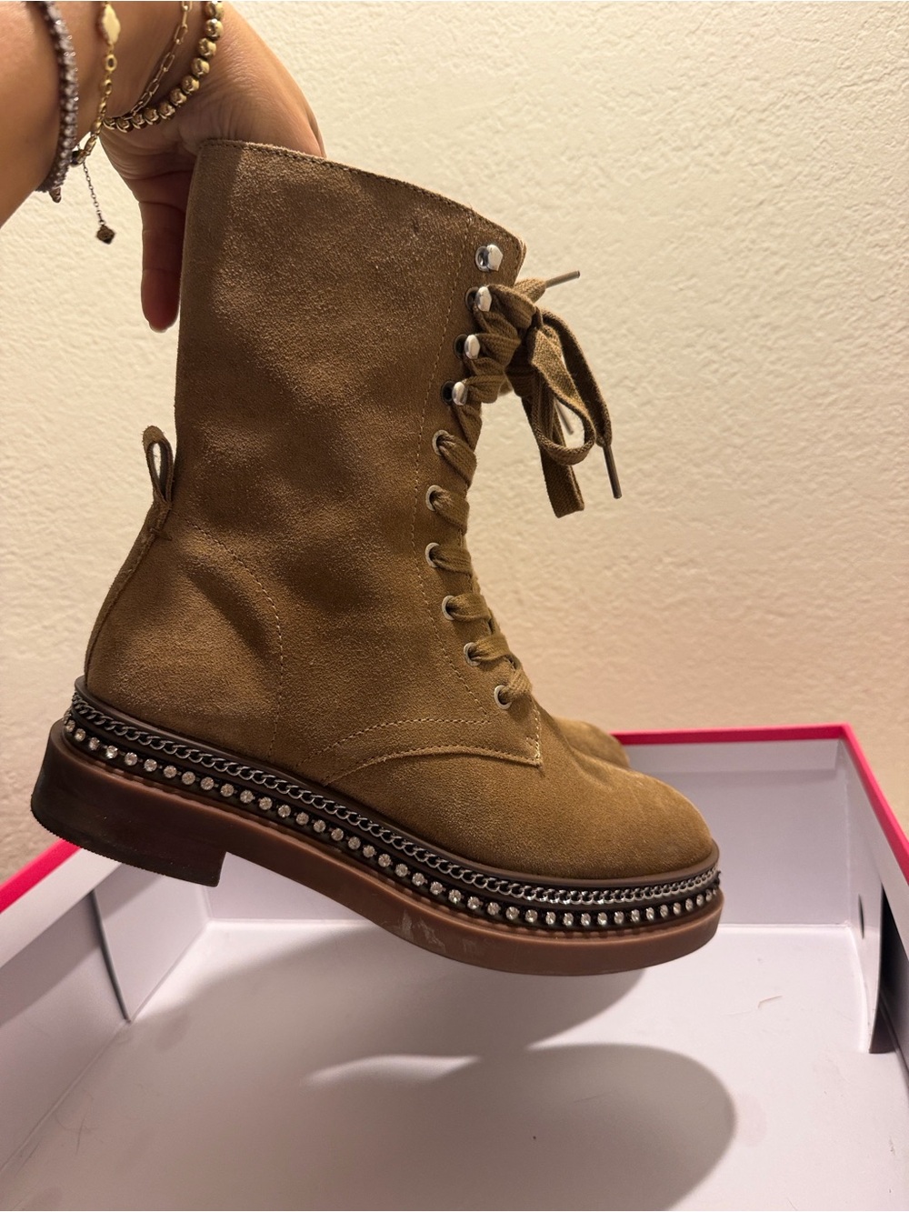 Vince Camuto Tan Suede Lace-Up Combat Boots with Studded Trim